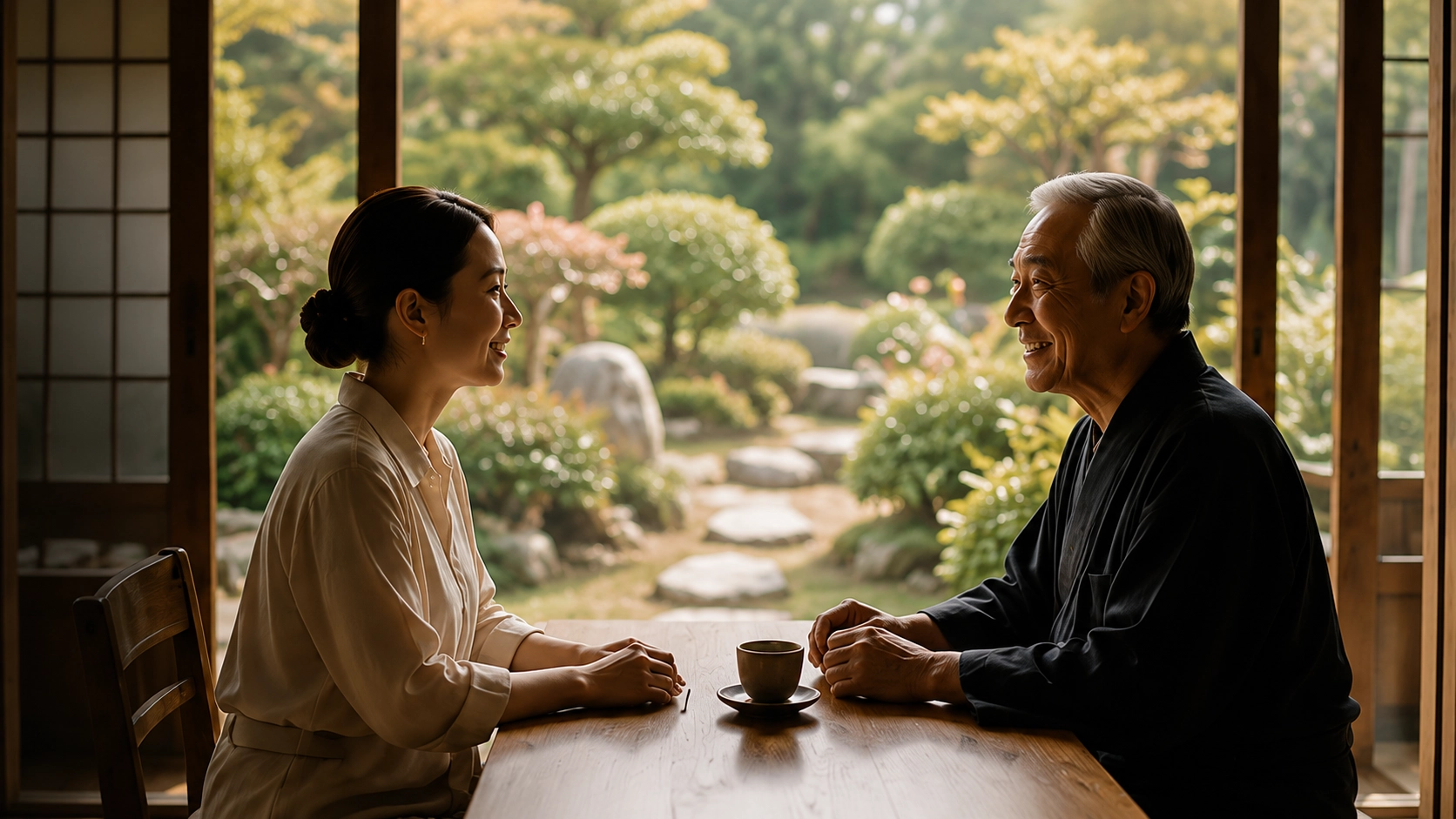 日本庭園を眺めながら語り合う旅行者と地域の人