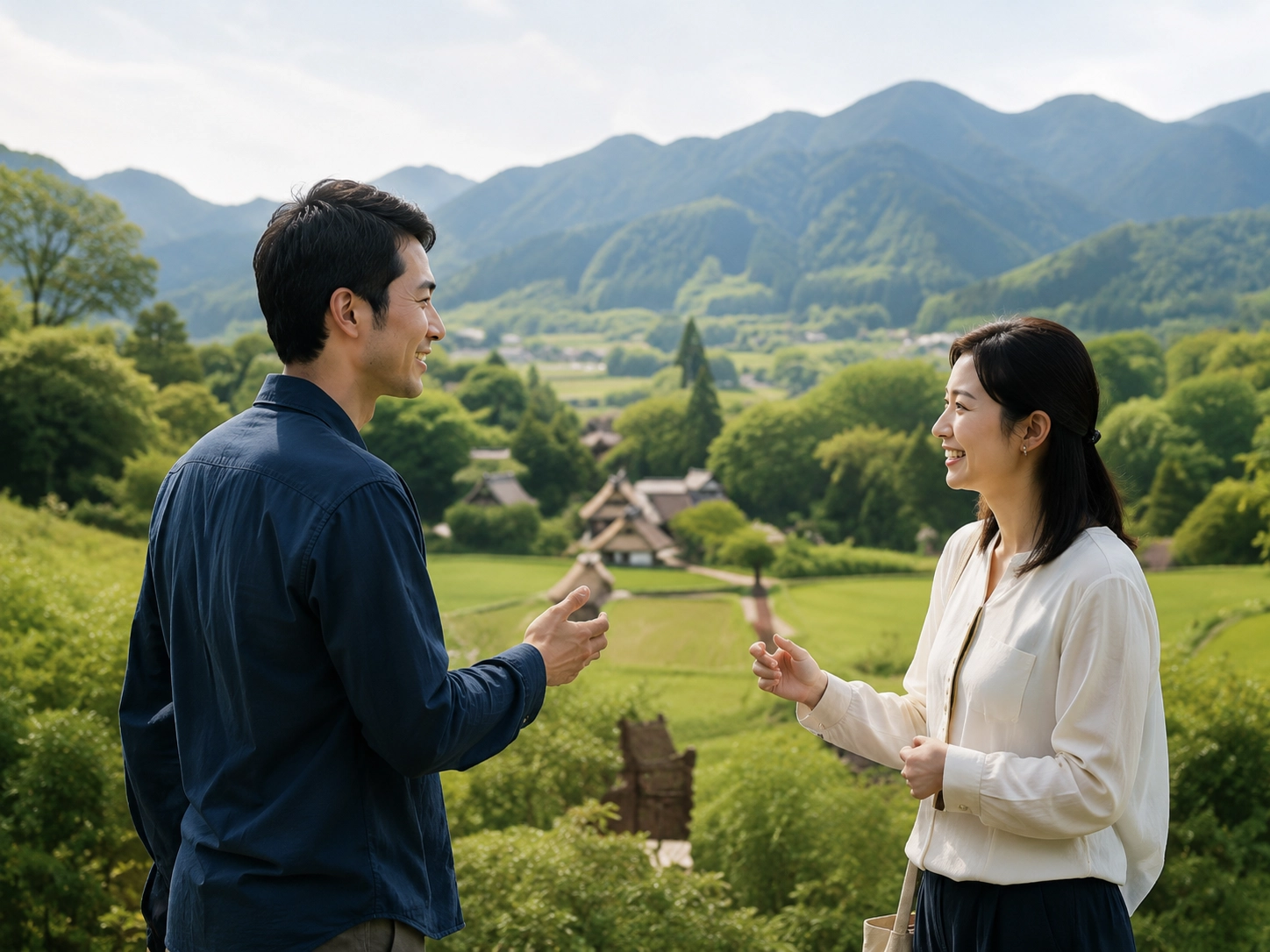 地域の人と交流する旅行者